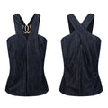 Denim Blue Women Tank Top With Metal Decor Straps Short Sleeve Casual