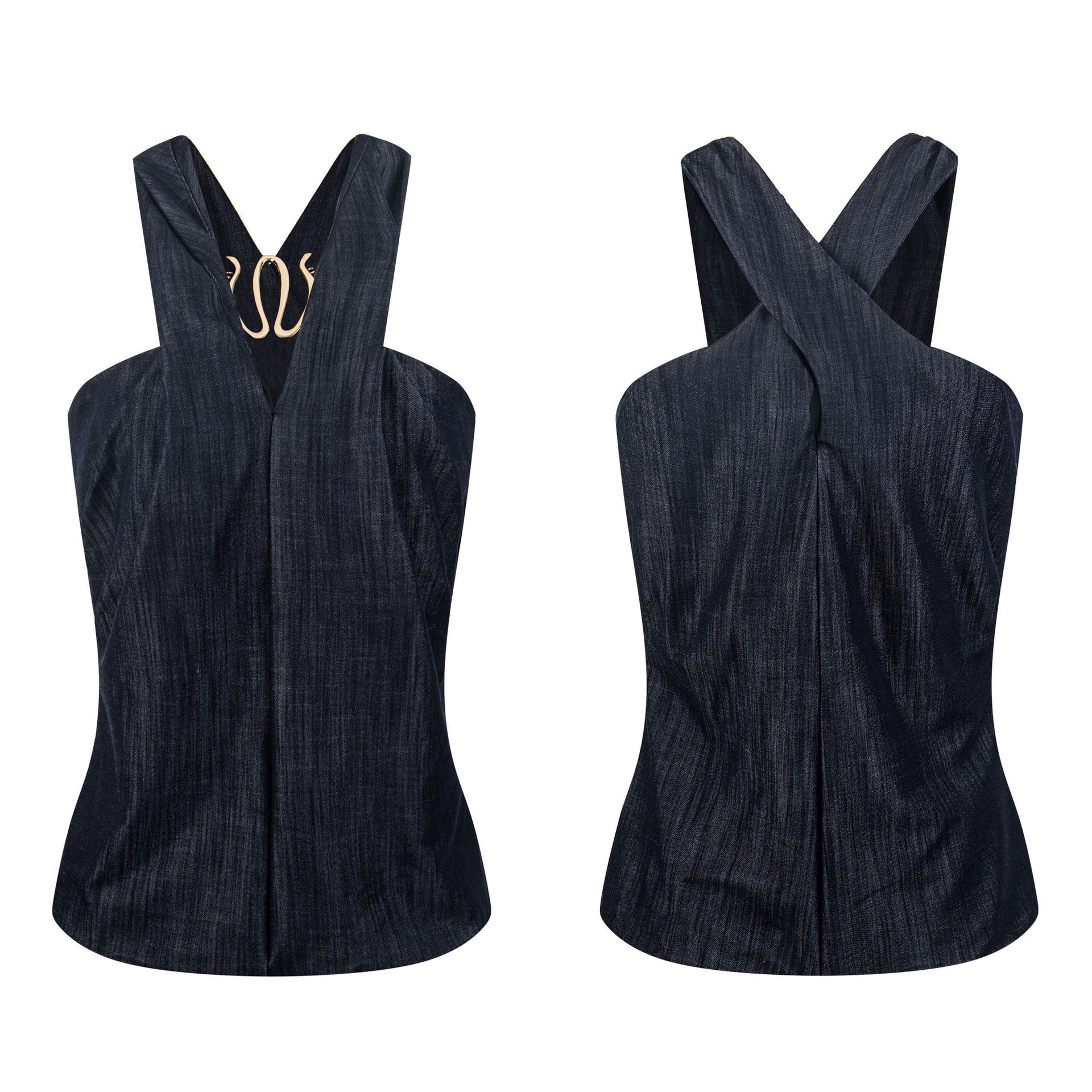 Denim Blue Women Tank Top With Metal Decor Straps Short Sleeve Casual