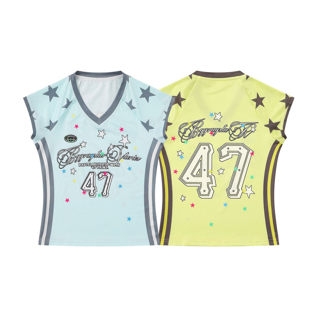 Girl Star Print V Neck Short Sleeve T Shirt Color Block Sporty Cropped Style