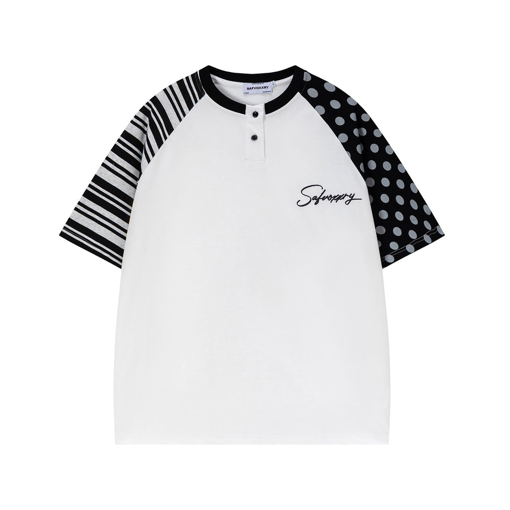 Letter Print Short Sleeve Shirt Floral Pattern With Polka Dot Contrast