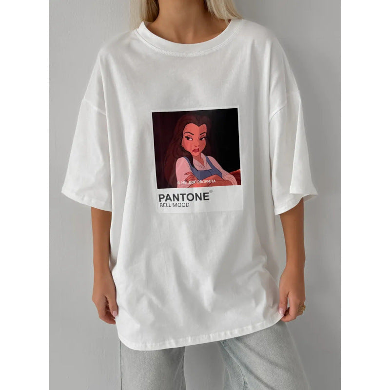 Cartoon Print White Round Neck Loose Fit Unisex Cotton T Shirt