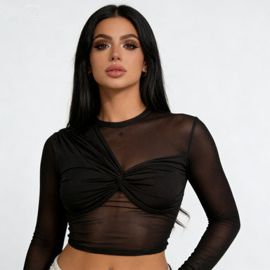 Black Round Neck Knot Mesh Splicing Long Sleeve Top
