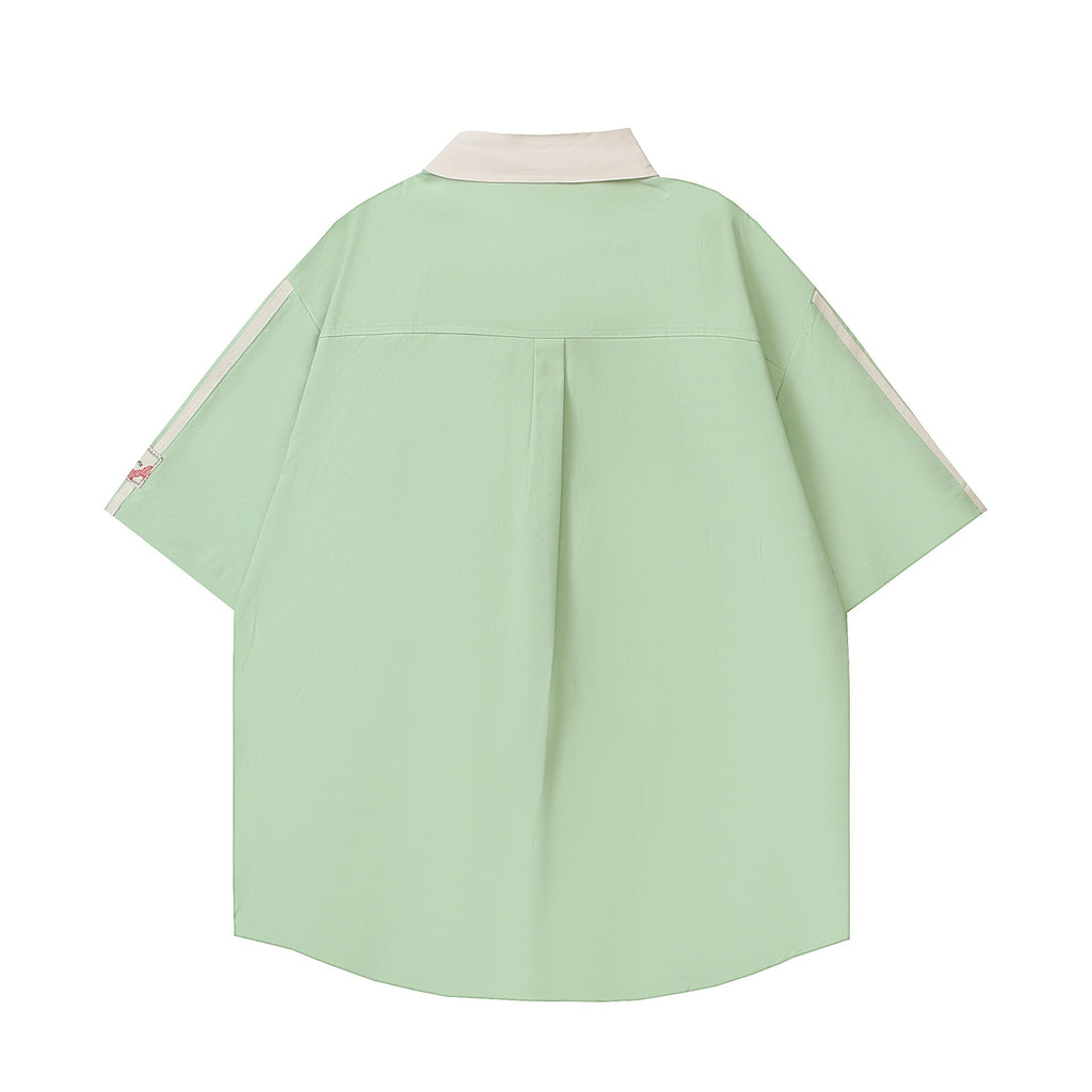Flying Girl Police Officer Color Block Cotton Shirt Green Short Sleeve