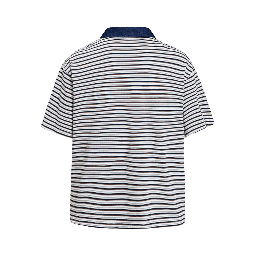 Blue Floral Print Short Sleeve Casual Shirt With Embroidered Stripe Cotton Blend