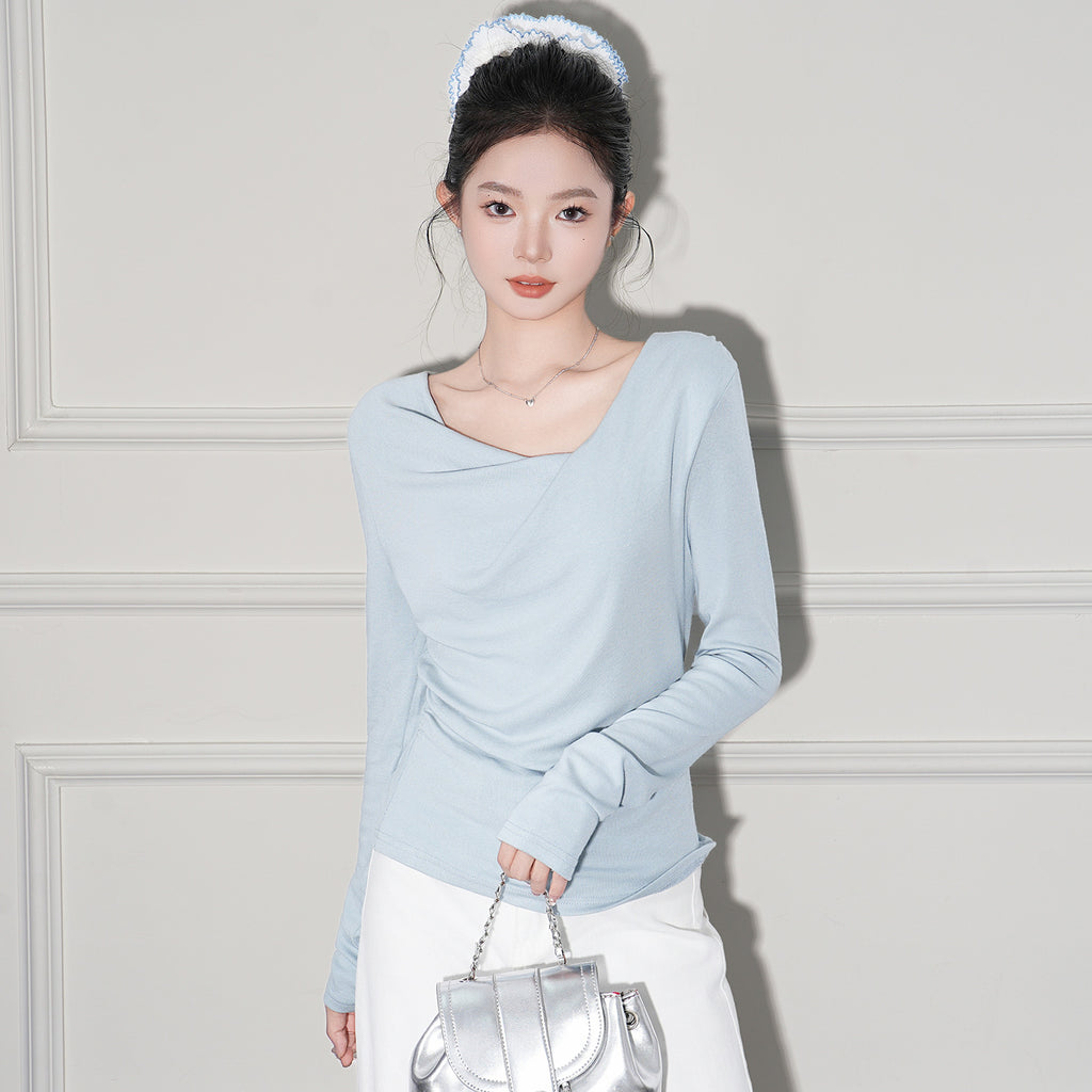 Women Off Shoulder Cashmere Like Long Sleeve Inner Layer Top With Elegant Design