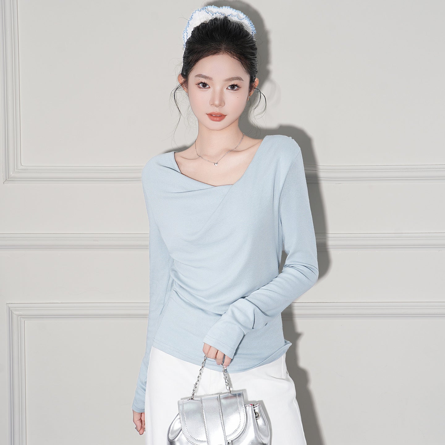 Women Off Shoulder Cashmere Like Long Sleeve Inner Layer Top With Elegant Design
