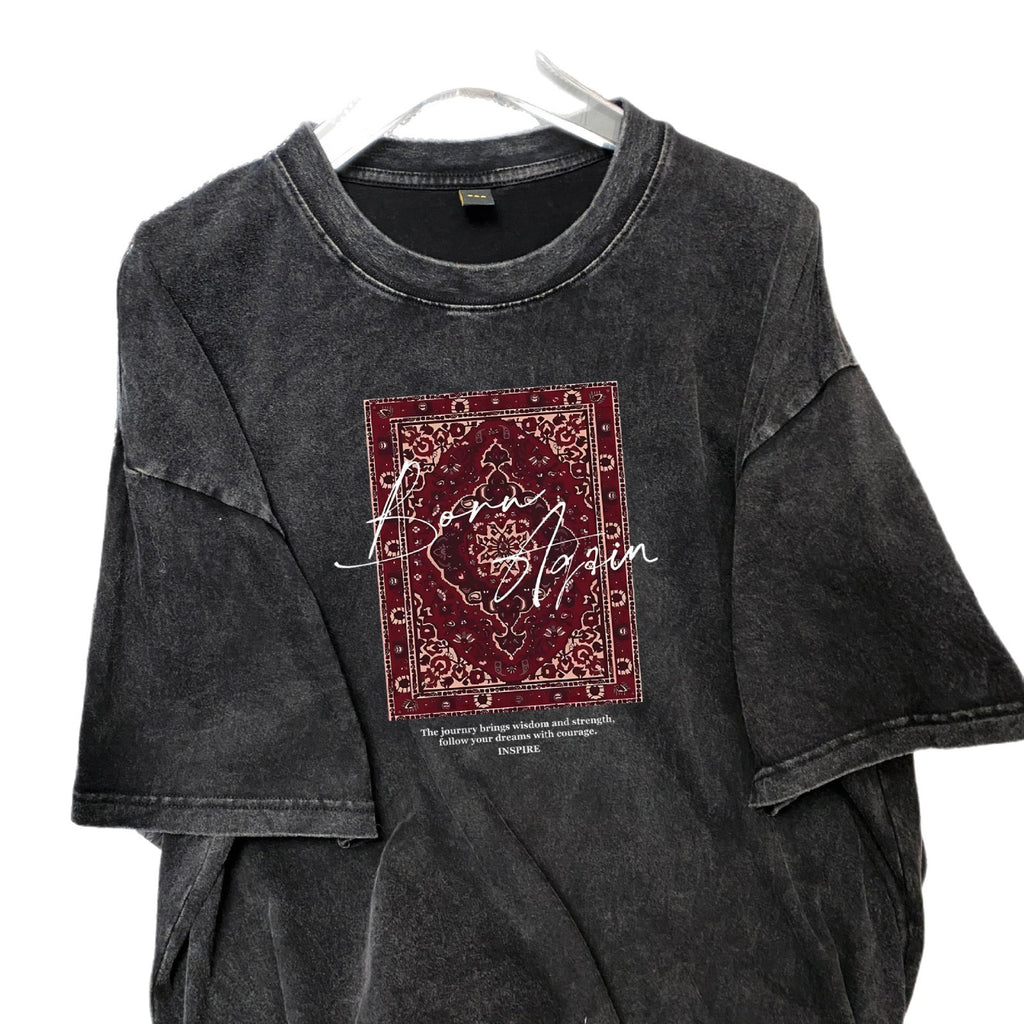 Washed Black Cotton Printed Short Sleeve Round Neck Loose Fit T Shirt