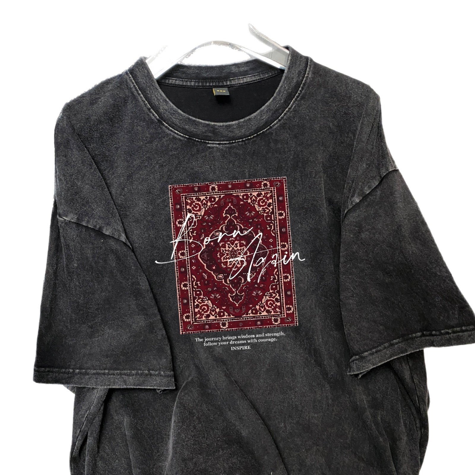 Washed Black Cotton Printed Short Sleeve Round Neck Loose Fit T Shirt