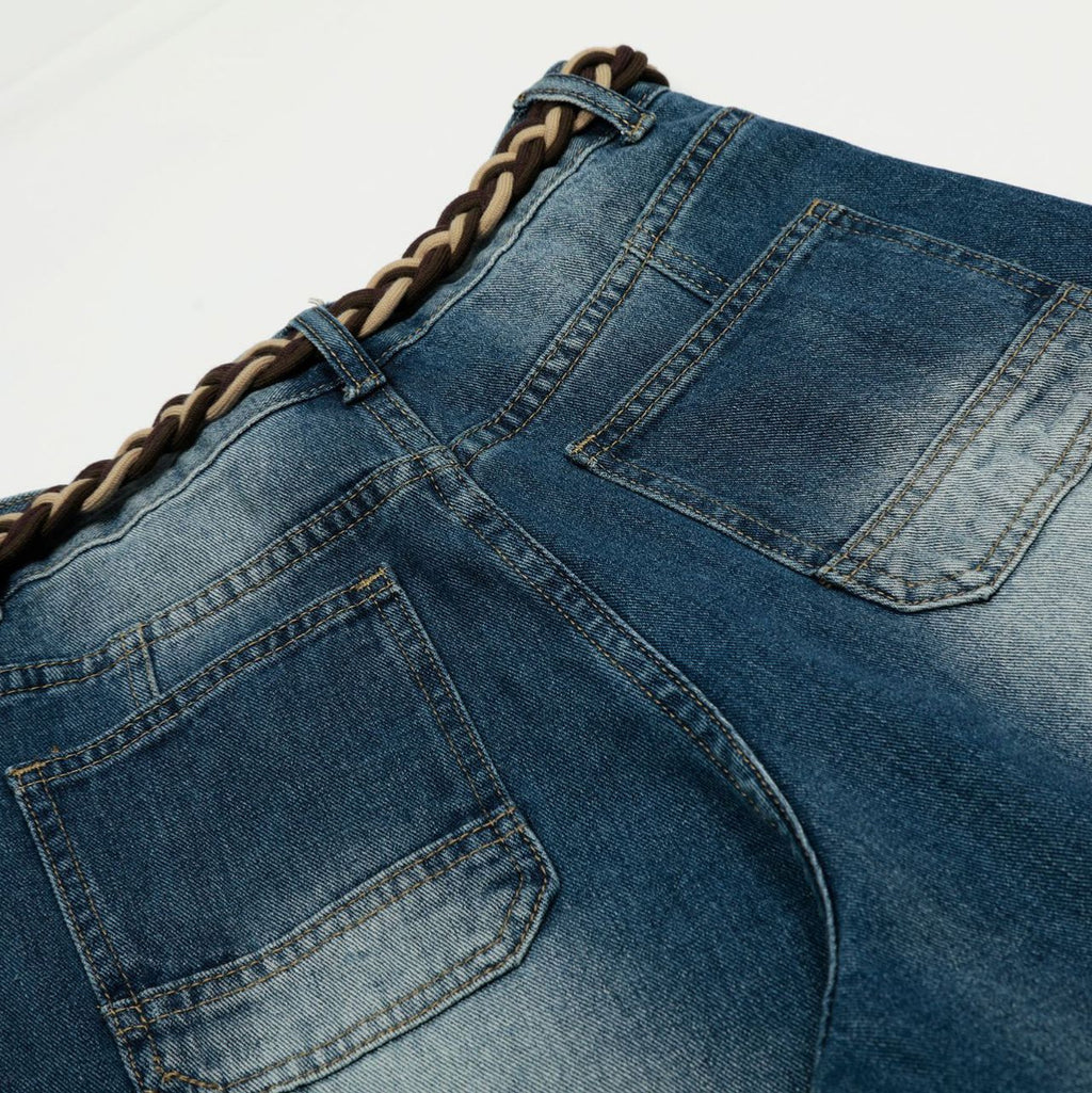 Retro Street Style Denim Long Pants Mid Waist Loose Fit Blue Cotton