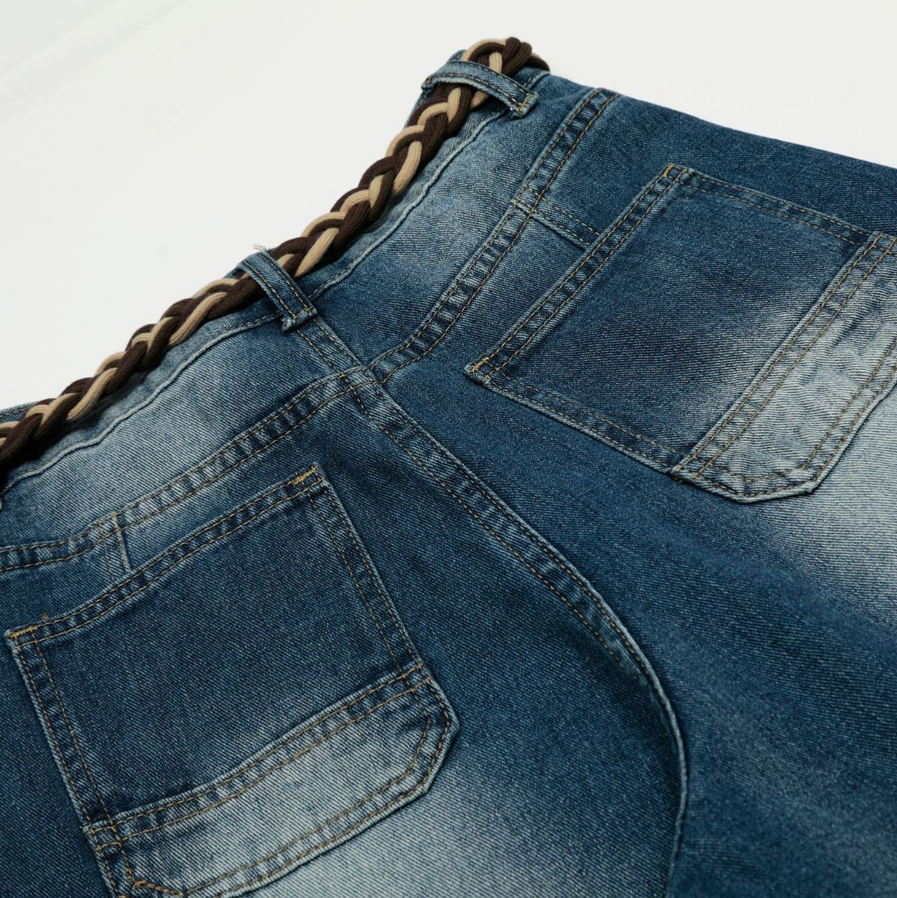 Retro Street Style Denim Long Pants Mid Waist Loose Fit Blue Cotton