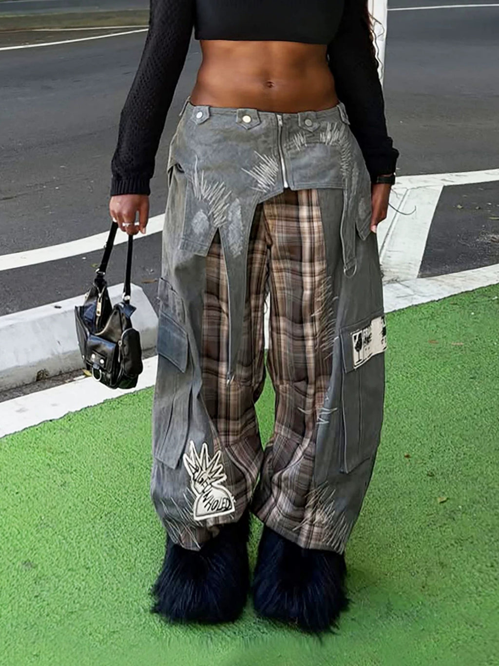 Street Style Heavy Duty Denim Jeans With Plaid Patchwork Embroidered Grey