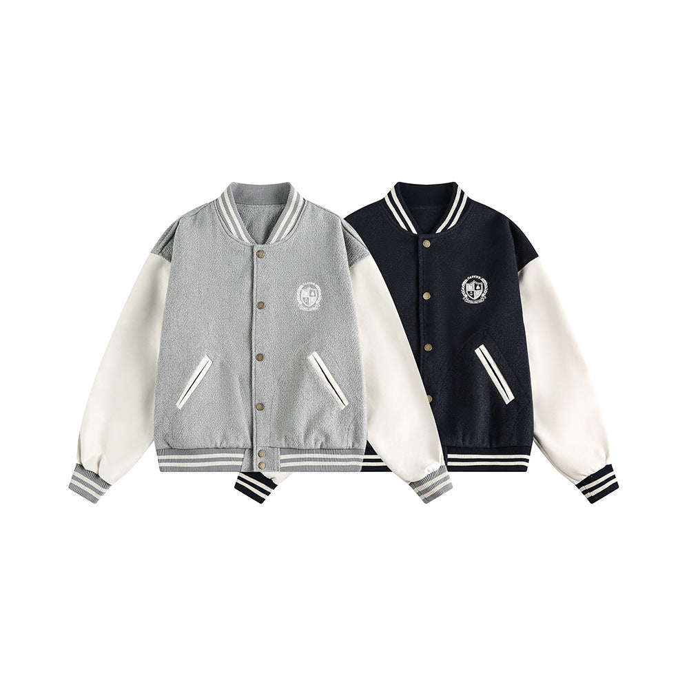 Street Style Colorblock Spliced Jacket Grey And Dark Blue Loose Fit