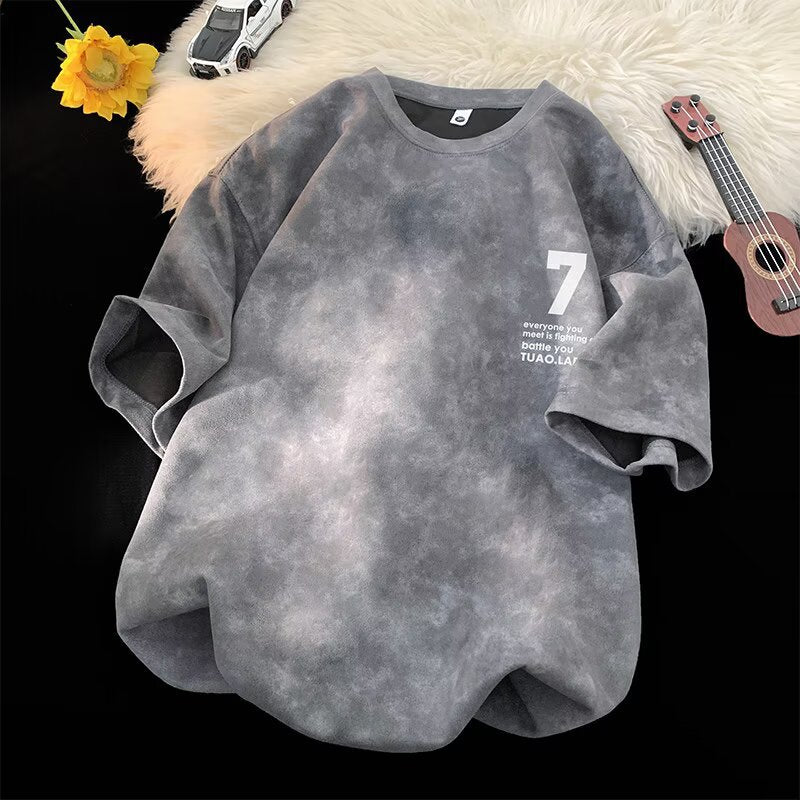 Men Retro Casual Short Sleeve T Shirt Round Neck Loose Fit Digital Pattern