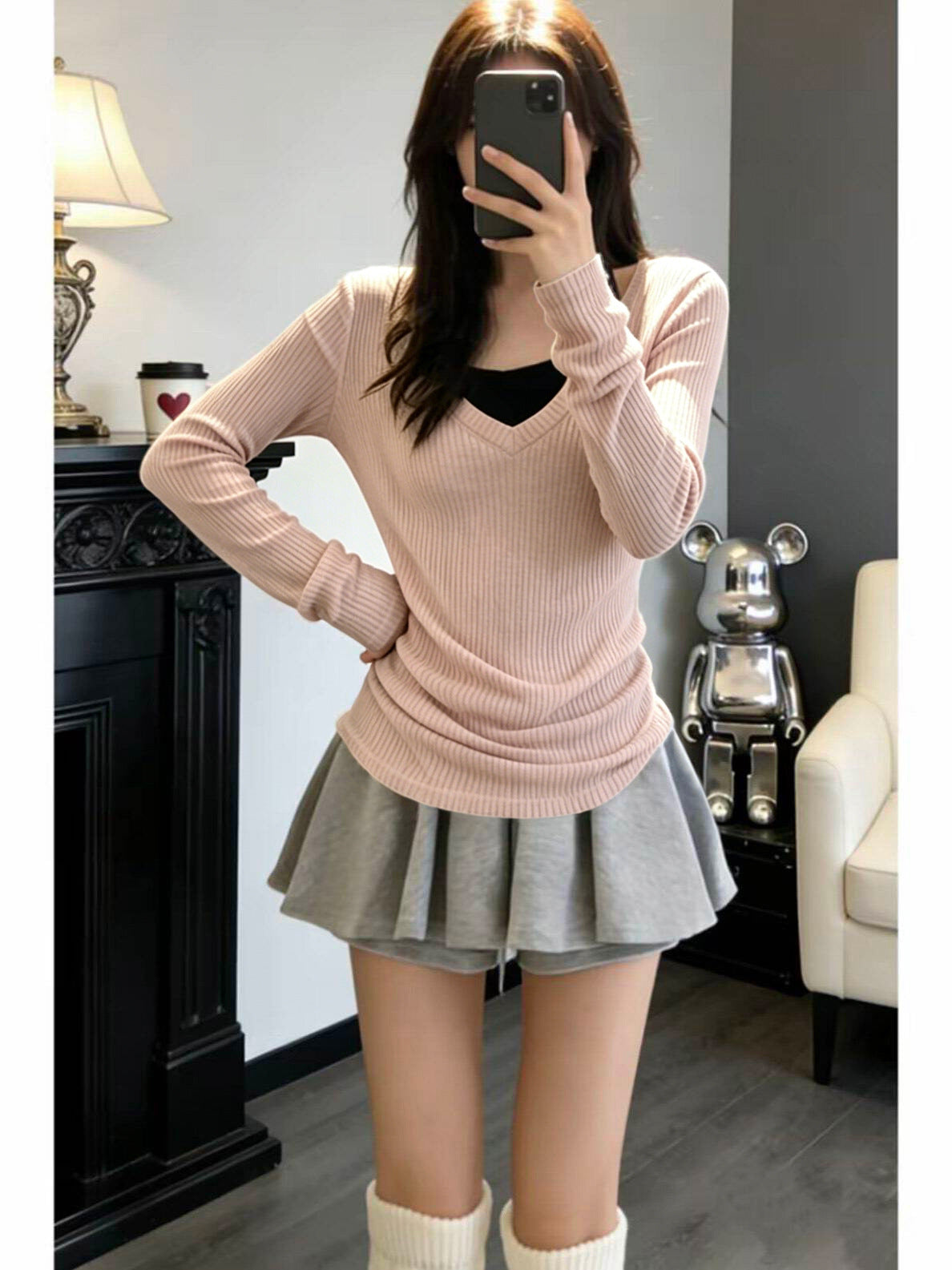 V Neck Knit Top Women Long Sleeve Pullover Solid Color Casual Style