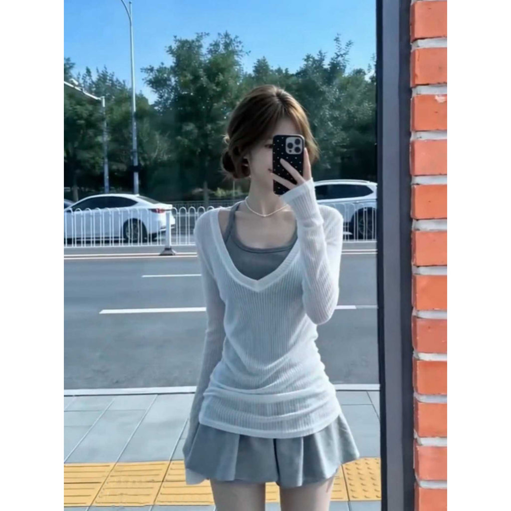 V Neck Knit Top Women Long Sleeve Pullover Solid Color Casual Style