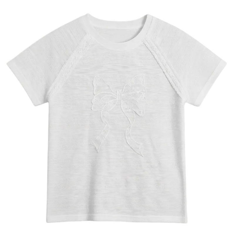 Lace Embroidery Bow Short Sleeve T Shirt Women Slim Fit Round Neck Pullover
