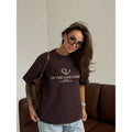 Letter Print Short Sleeve Top for Women Dark Coffee Cotton Loose Fit