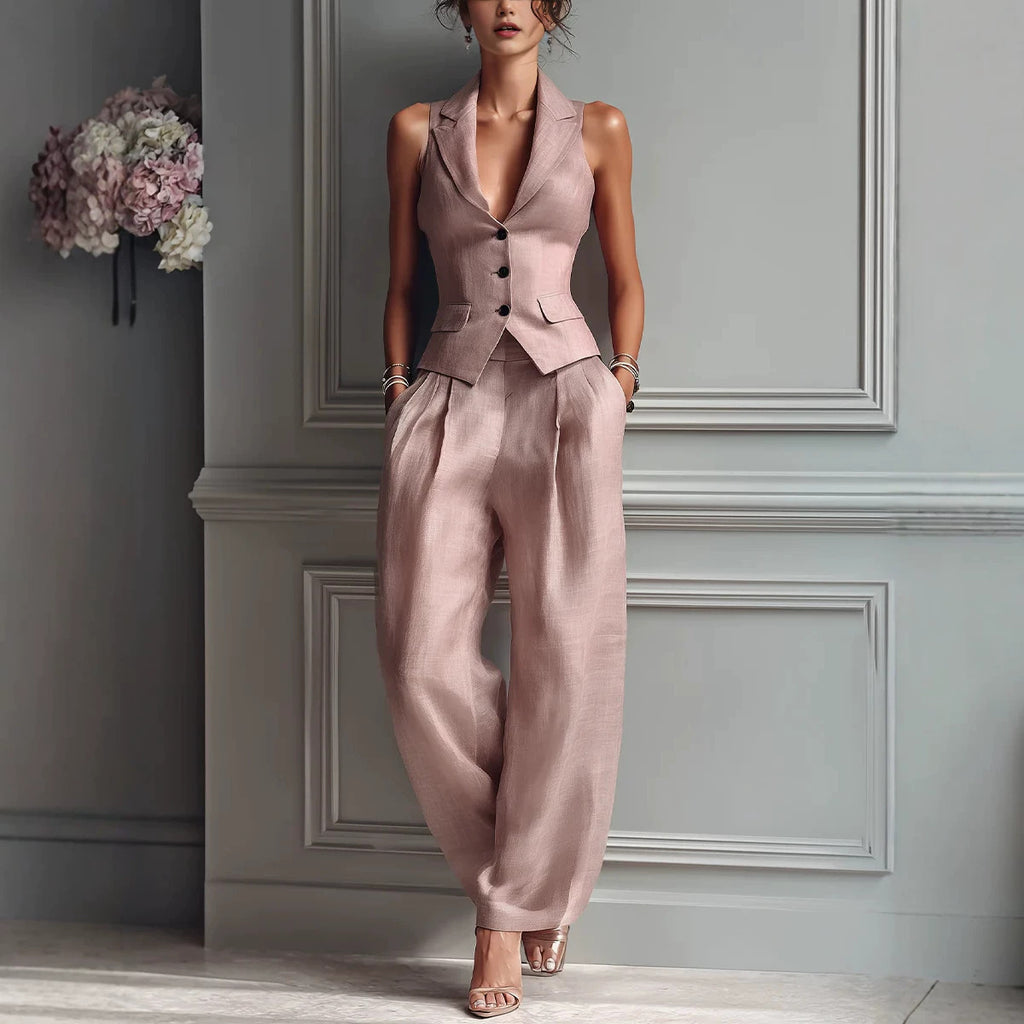 Flip Collar Sleeveless Vest And Long Pants Two Piece Set For Women Summer Casual