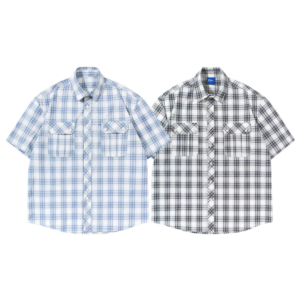 Double Pocket Plaid Shirt T Shirt Loose Fit Cotton With Turn Down Collar