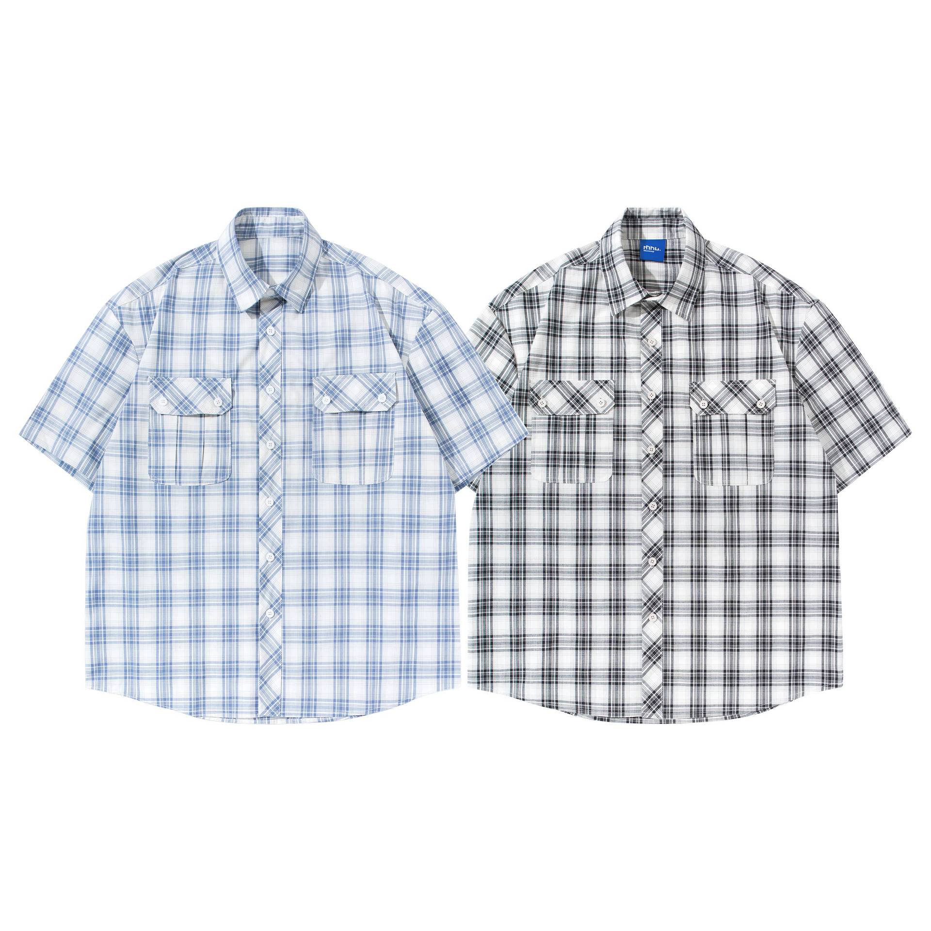 Double Pocket Plaid Shirt T Shirt Loose Fit Cotton With Turn Down Collar