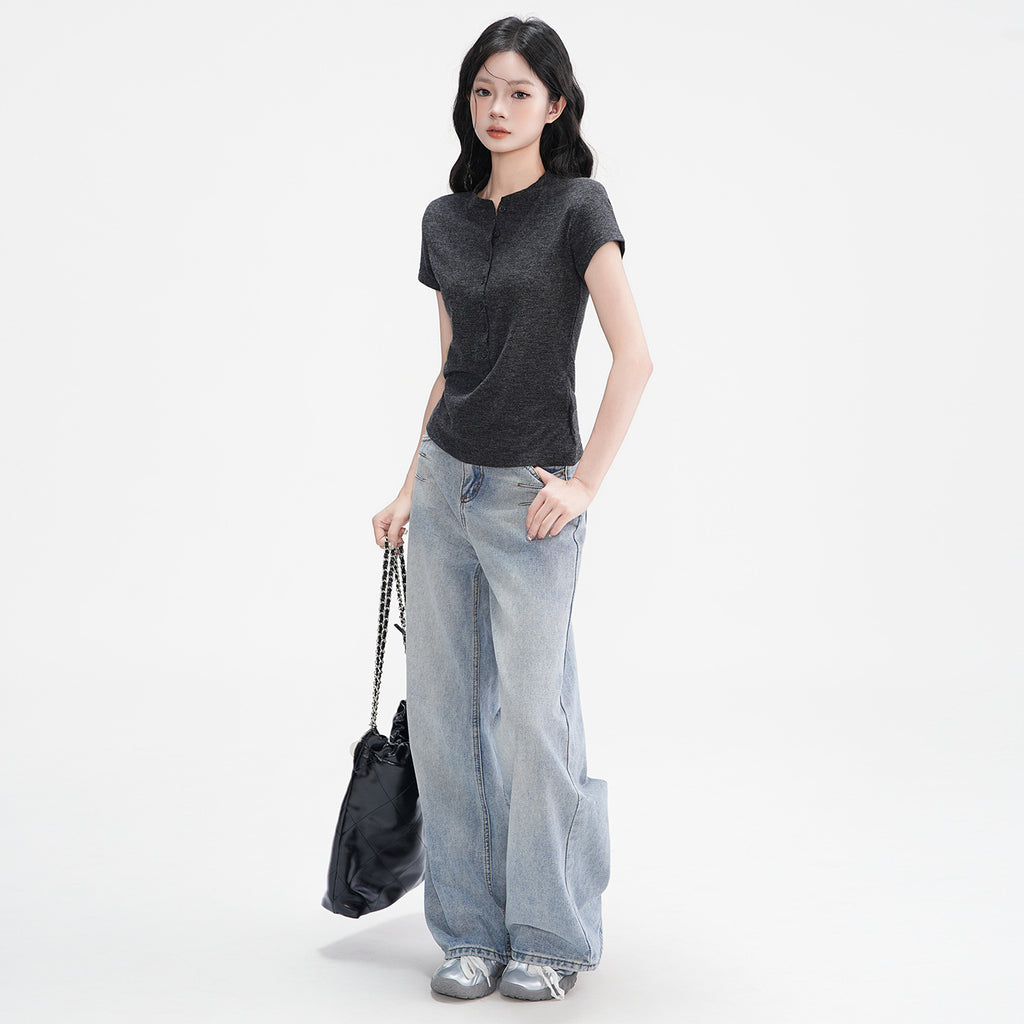 Elegant Half Open Collar Buttoned Shoulder Short Sleeve T Shirt For Women