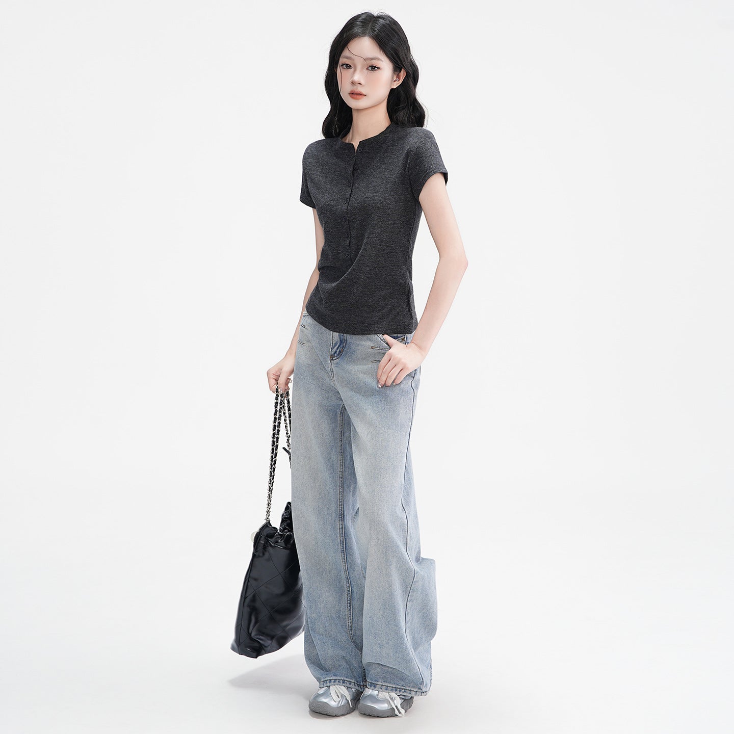 Elegant Half Open Collar Buttoned Shoulder Short Sleeve T Shirt For Women