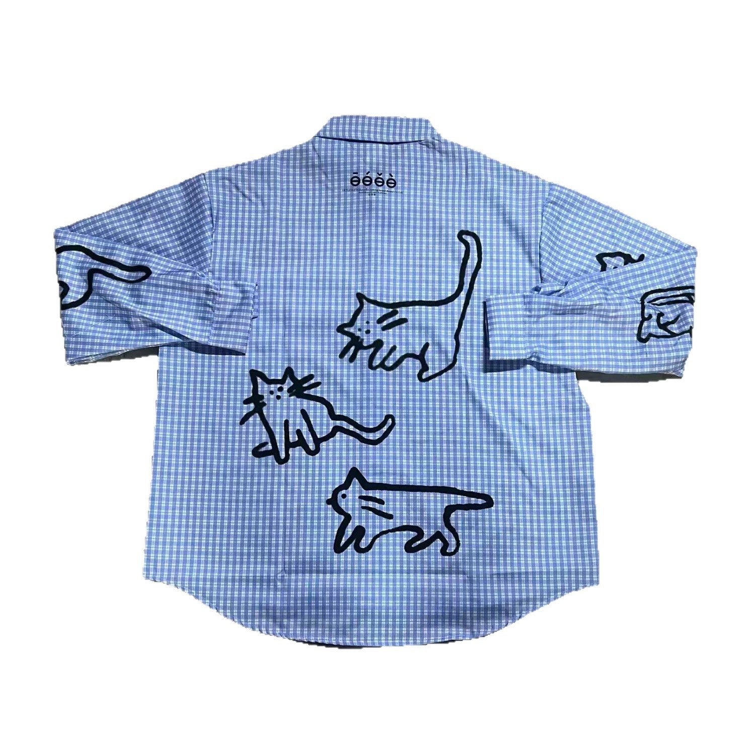 Vintage Cat Print Long Sleeve Shirt For Women Loose Fit Blue Checkered Blouse
