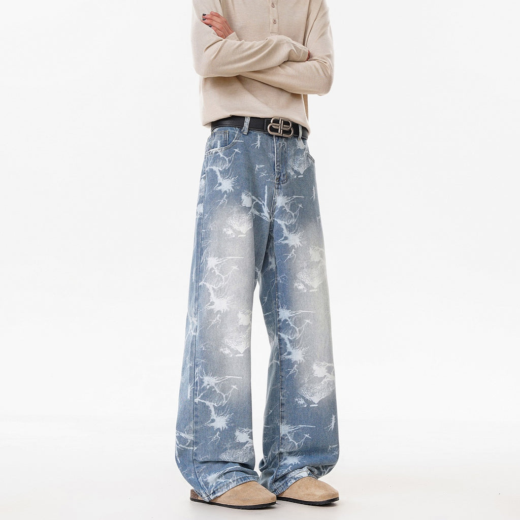 Deep Blue Denim Pants For Men Streetwear Flared Knife Cut Trousers