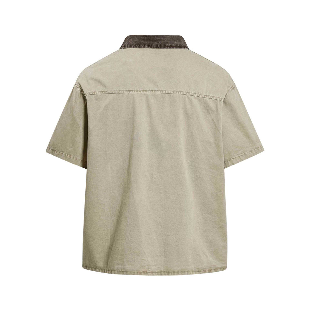 Khaki Emblem Embroidered Short Sleeve Cotton Shirt Loose Fit