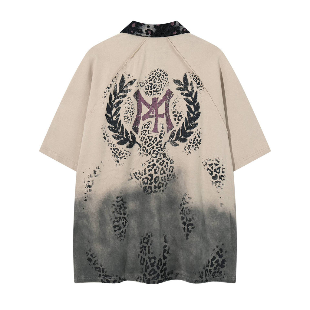 Gradient Leopard Print Short Sleeve Shirt For Men Casual Cotton Blend