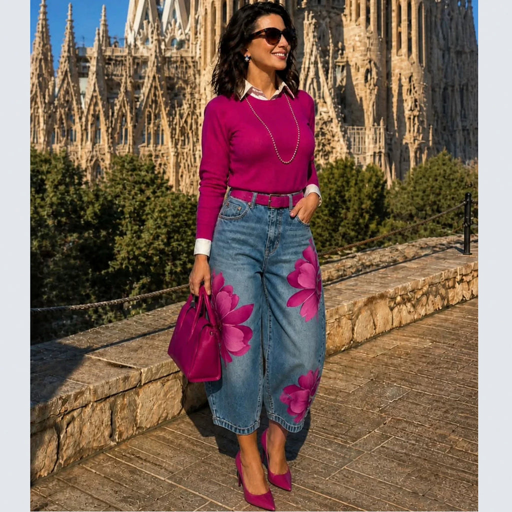 Floral Denim Cropped Jeans for Women High Waist Street Style Printed