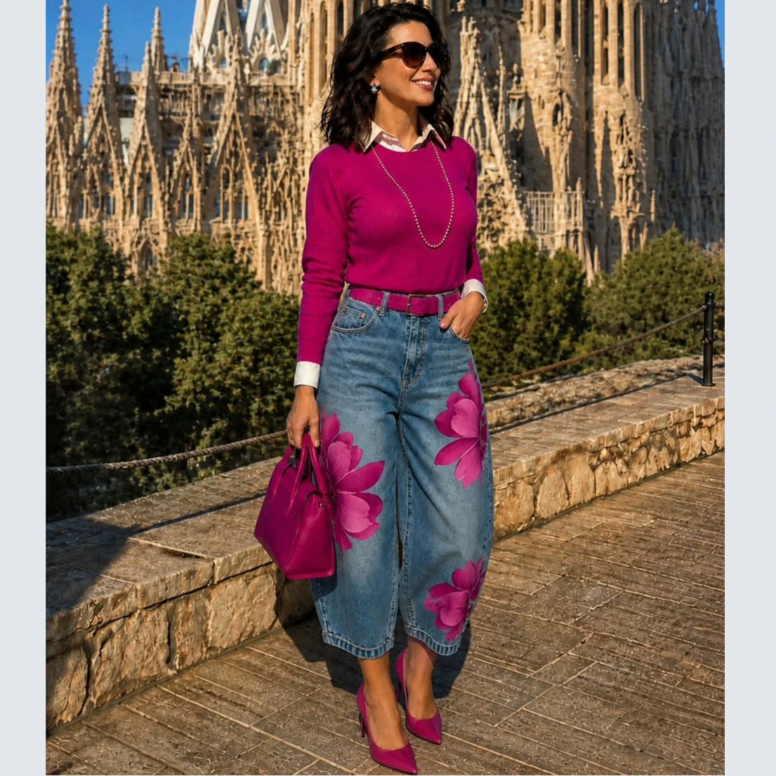 Floral Denim Cropped Jeans for Women High Waist Street Style Printed
