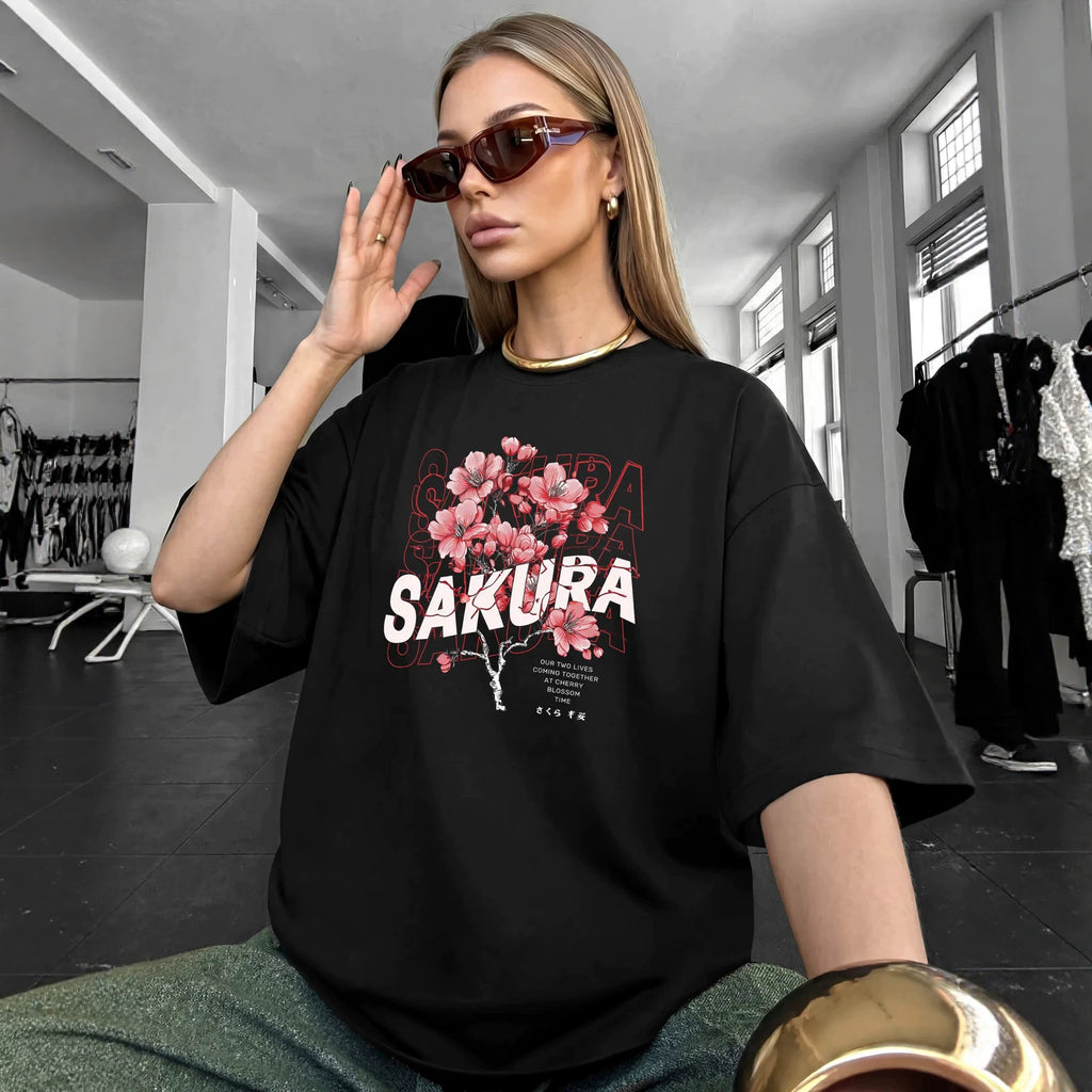 Plum Blossom Print Cotton Unisex Round Neck Short Sleeve T Shirt Casual Fit