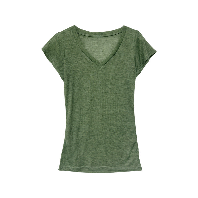 Moss Green V-Neck Short Sleeve Slim Fit Top for Women