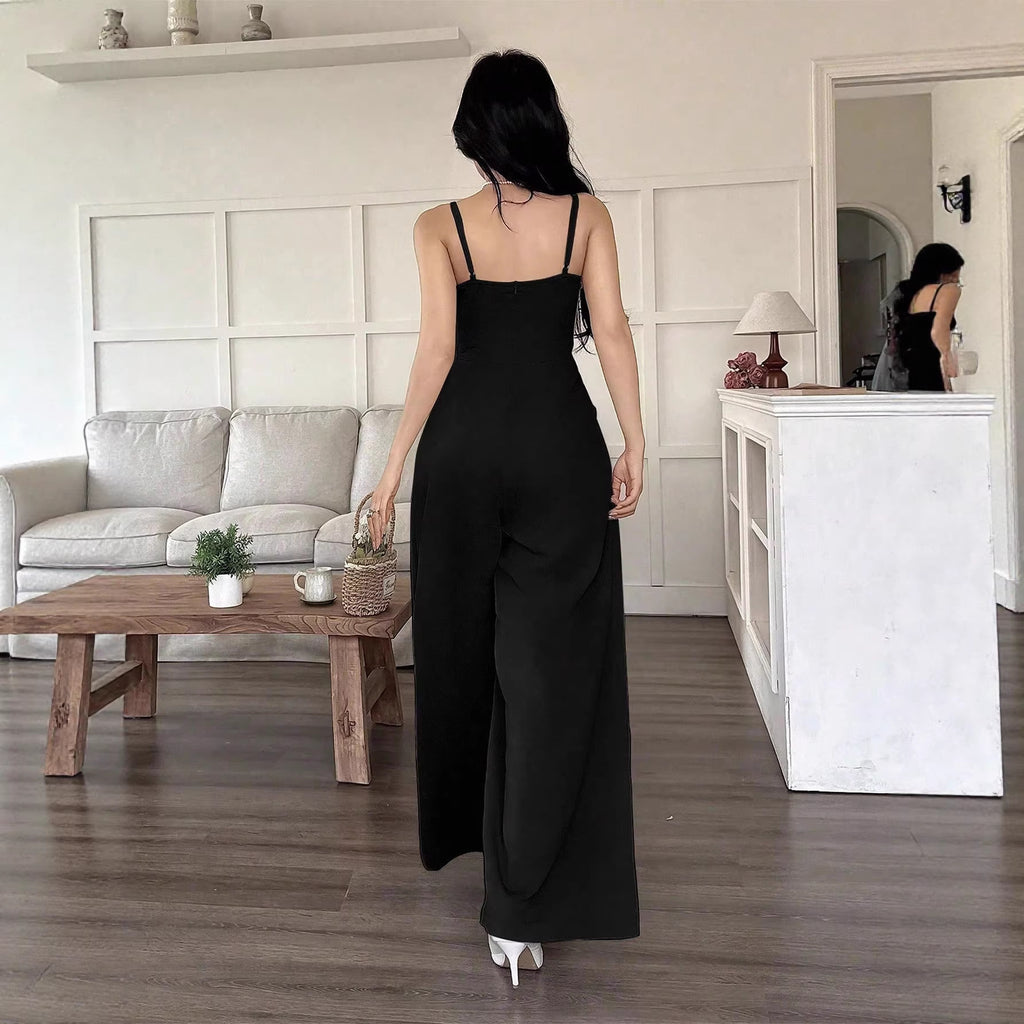 Relaxed Sleeveless Jumpsuit Polyester Solid Color Black And Coffee