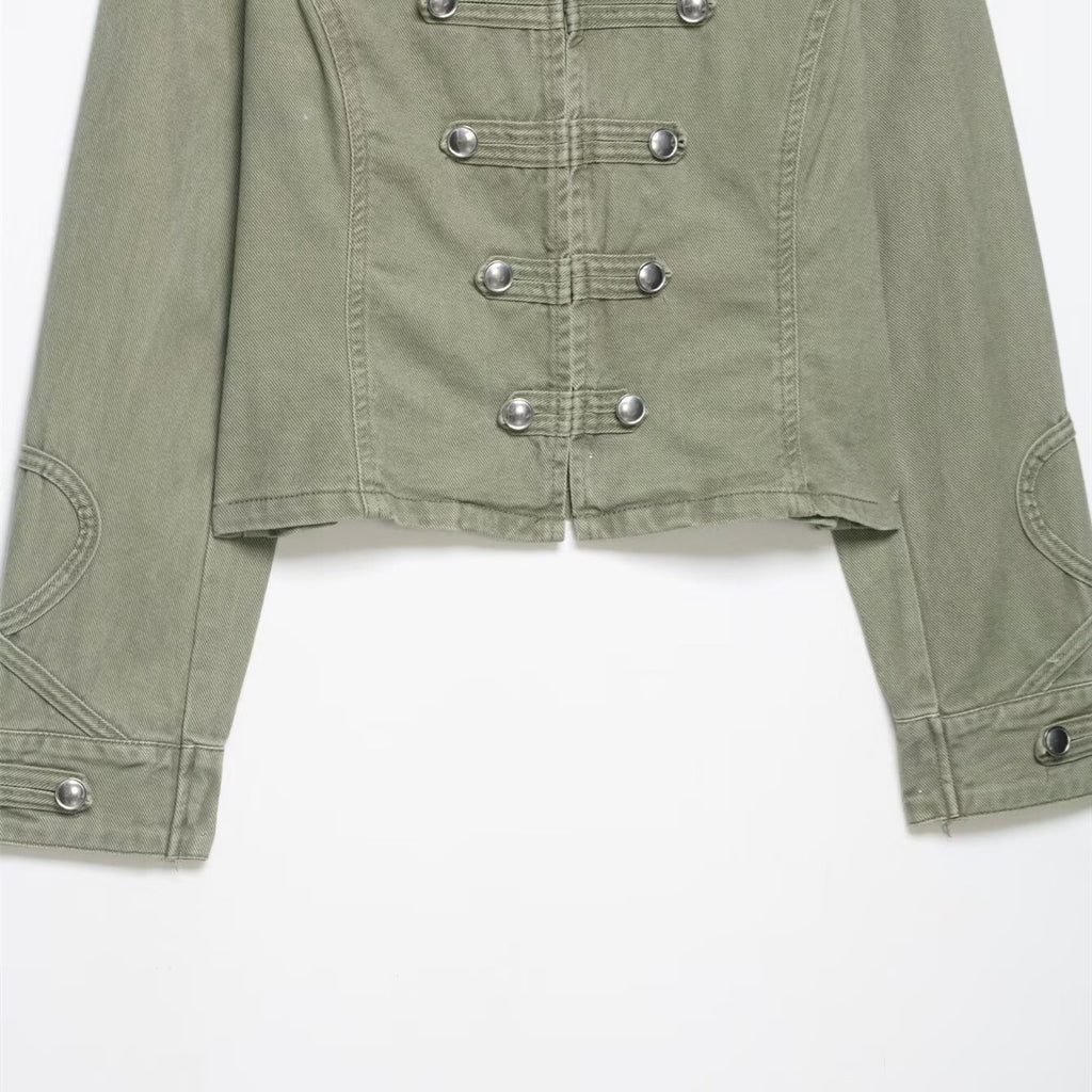 Army Green Women Street Style Slim Fit Button Trim Jacket Double Breasted