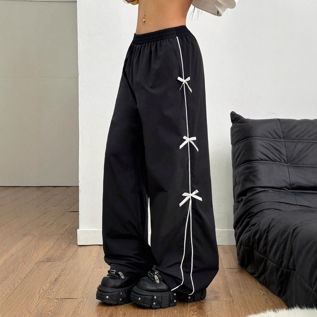 Women Elastic Waist Straight Leg Pants Black Polyester Casual Wear