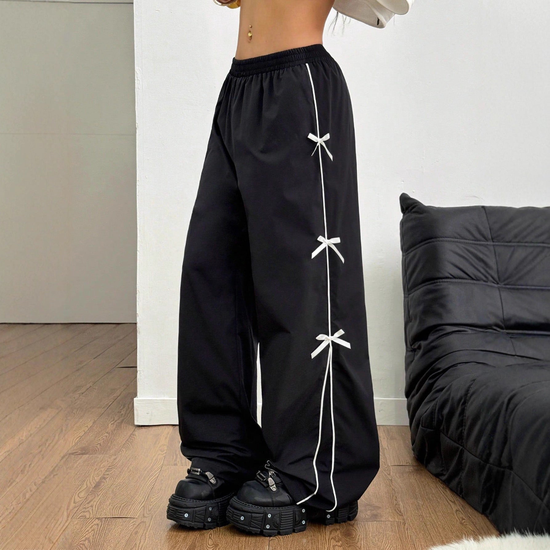 Women Elastic Waist Straight Leg Pants Black Polyester Casual Wear