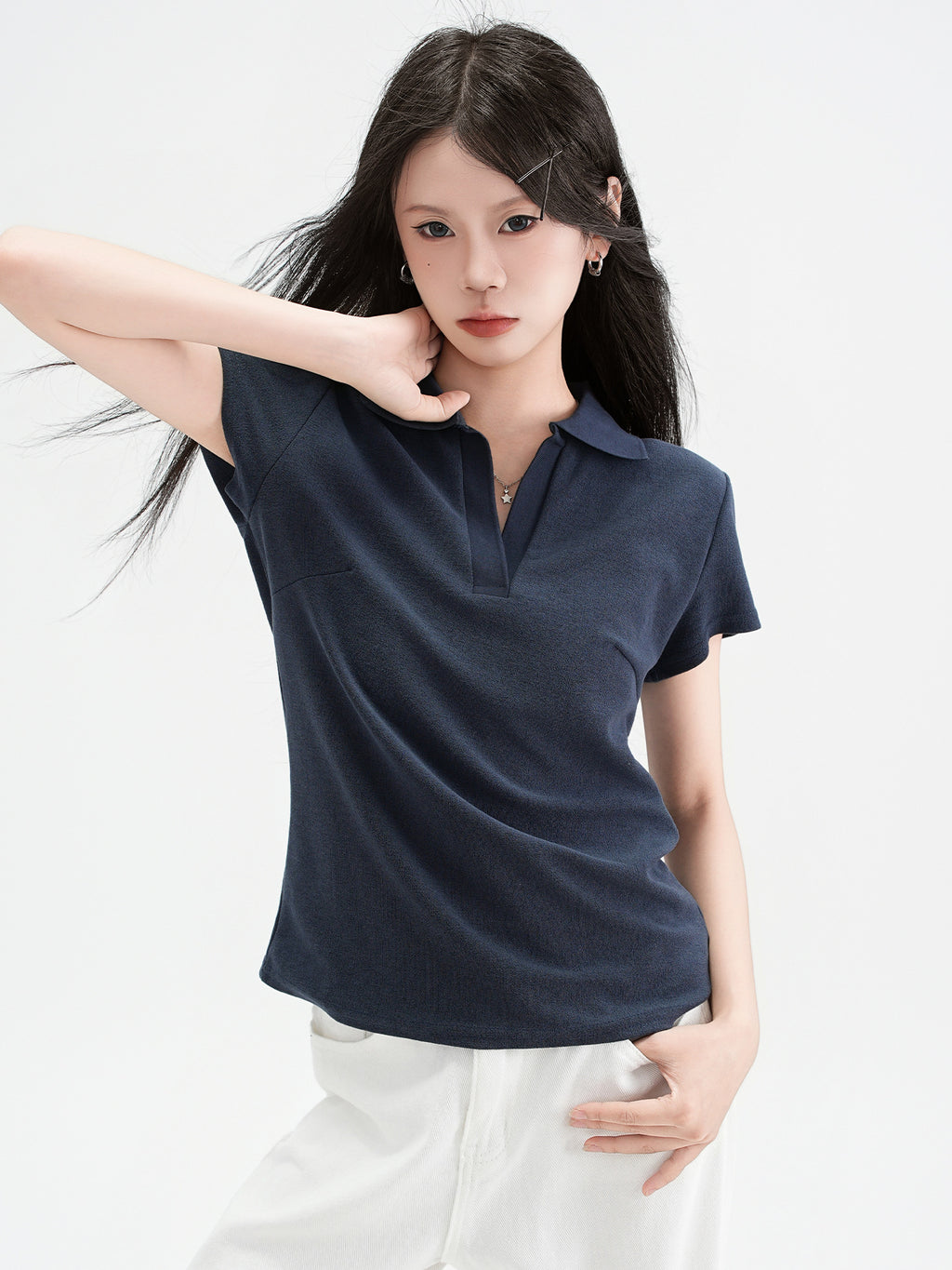 Chic Polo Collar Short Sleeve T Shirt For Women Slim Fit Solid Color