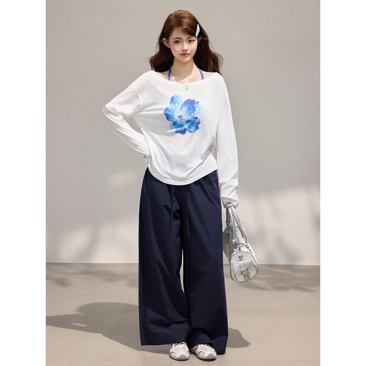Tencel Chiffon Floral Print Two Piece Cardigan Set With Off Shoulder Top