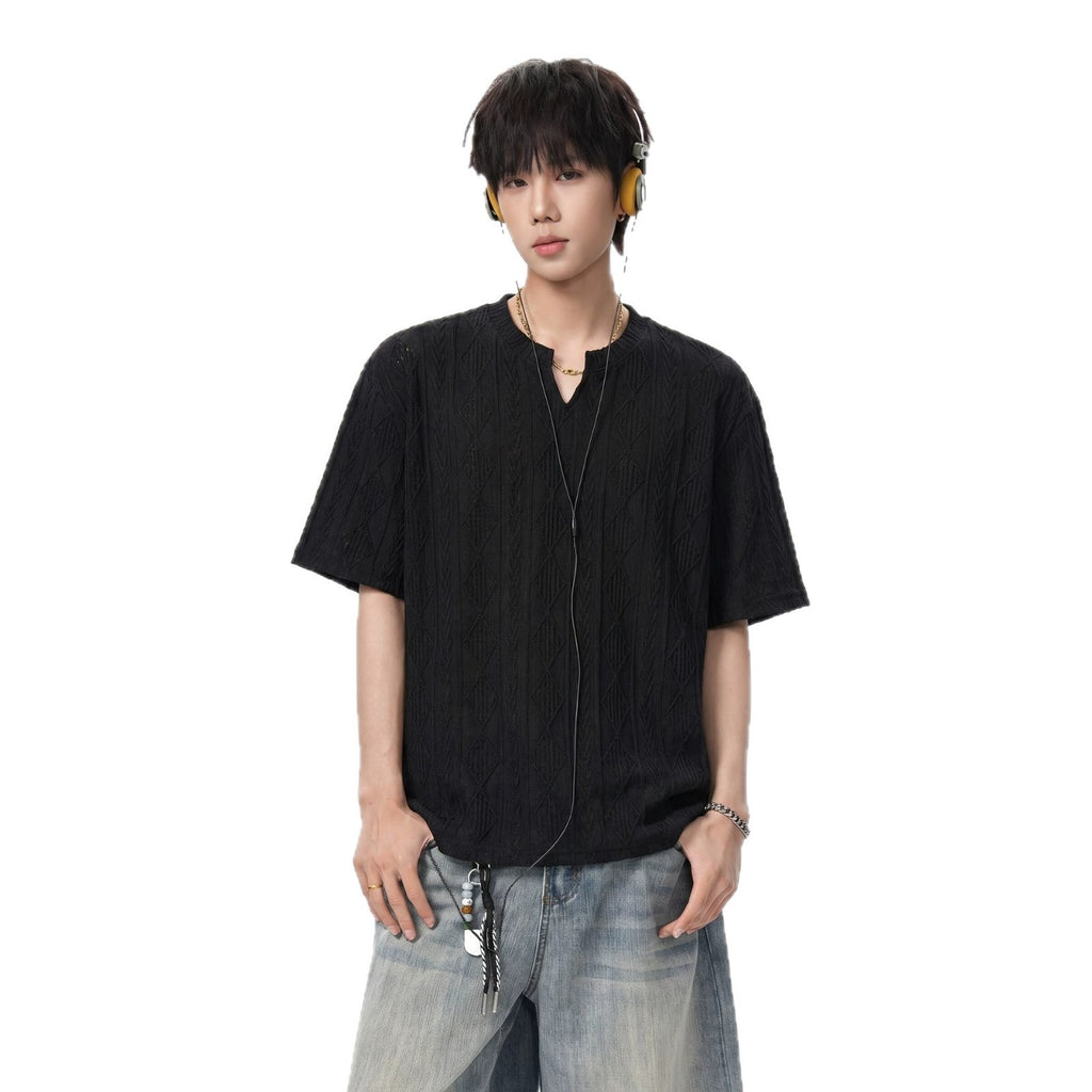 White Textured Hollow Out V Neck Short Sleeve Loose Fit T Shirt For Men