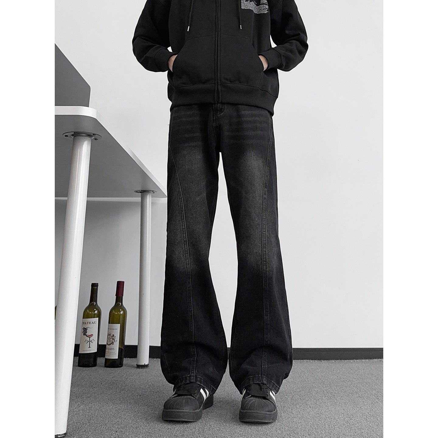 Washed Patchwork Knife Edge Jeans Deconstructed Street Style Straight Fit