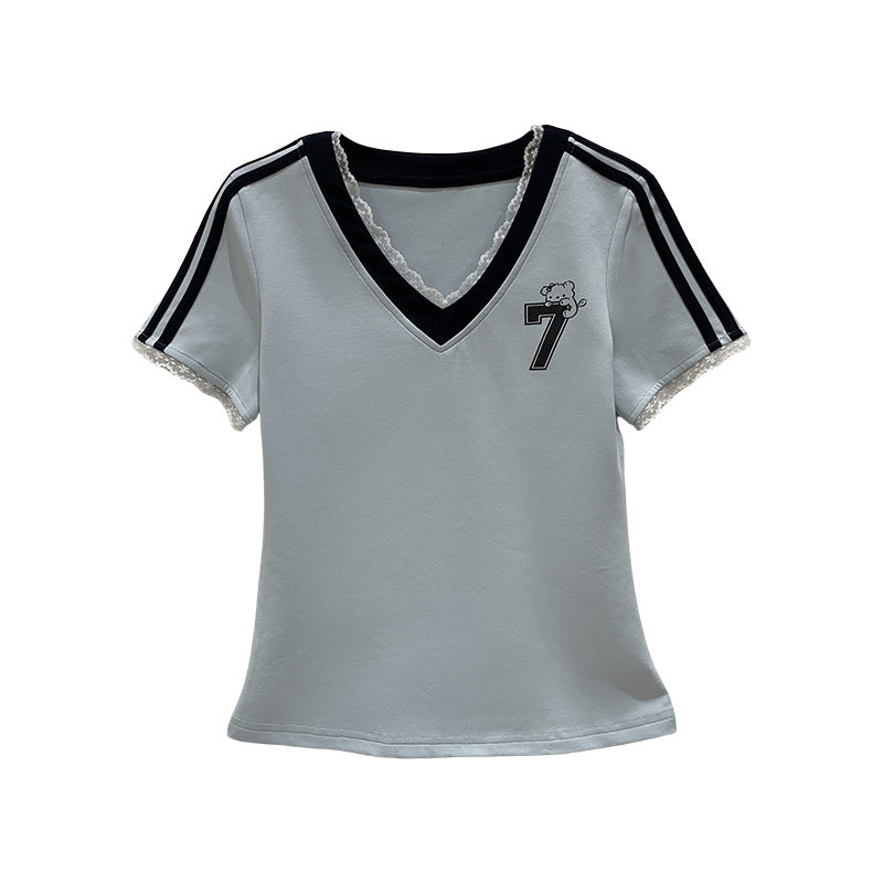 Women Color Block Lace Splice V Neck Short Sleeve Cotton Tee