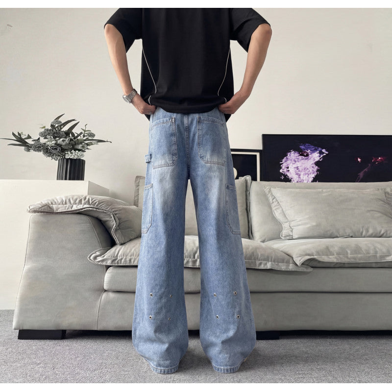Mens Wide Leg Denim Jeans Loose Fit Cotton High Street Style Black Blue