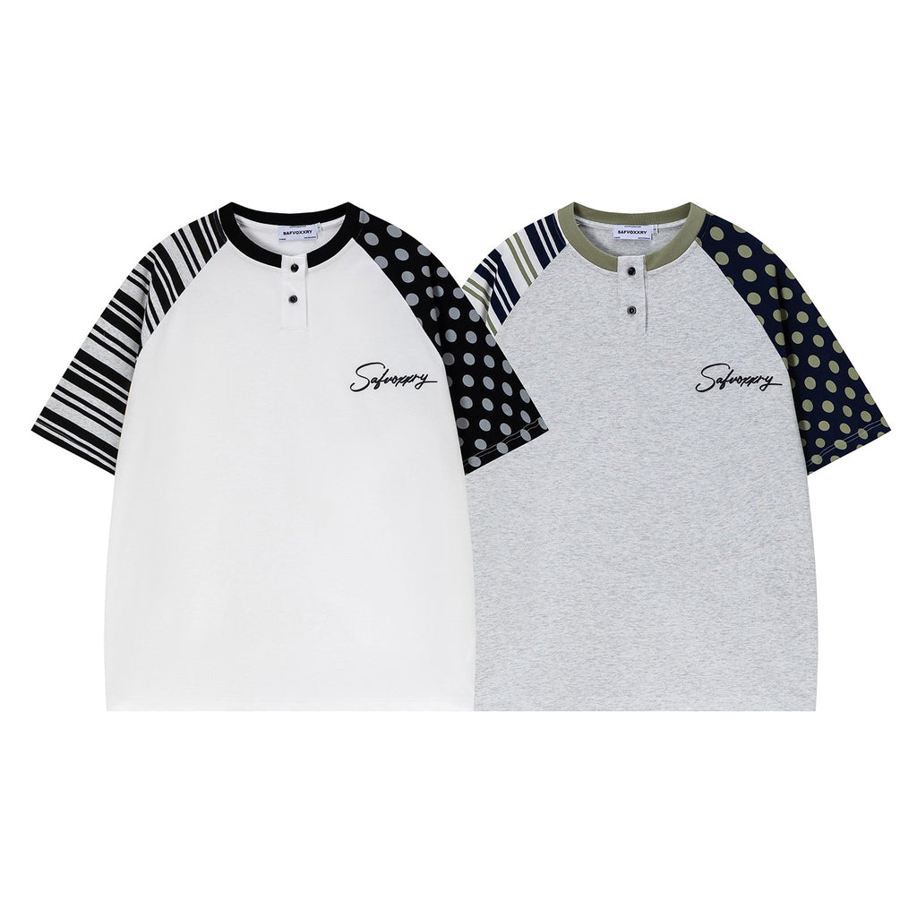Letter Print Short Sleeve Shirt Floral Pattern With Polka Dot Contrast