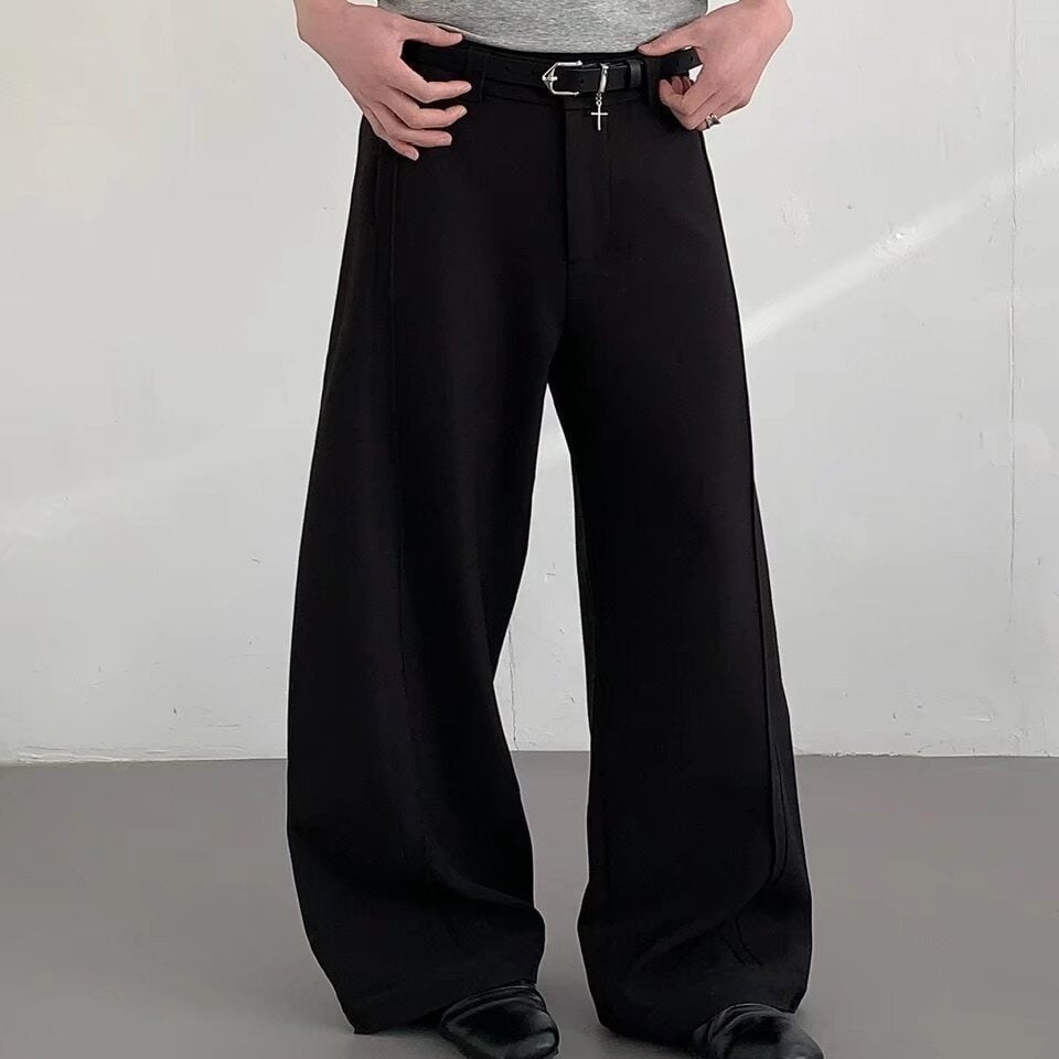 Khaki And Black Wide Leg Long Pants Loose Fit Polyester For Business Casual Men