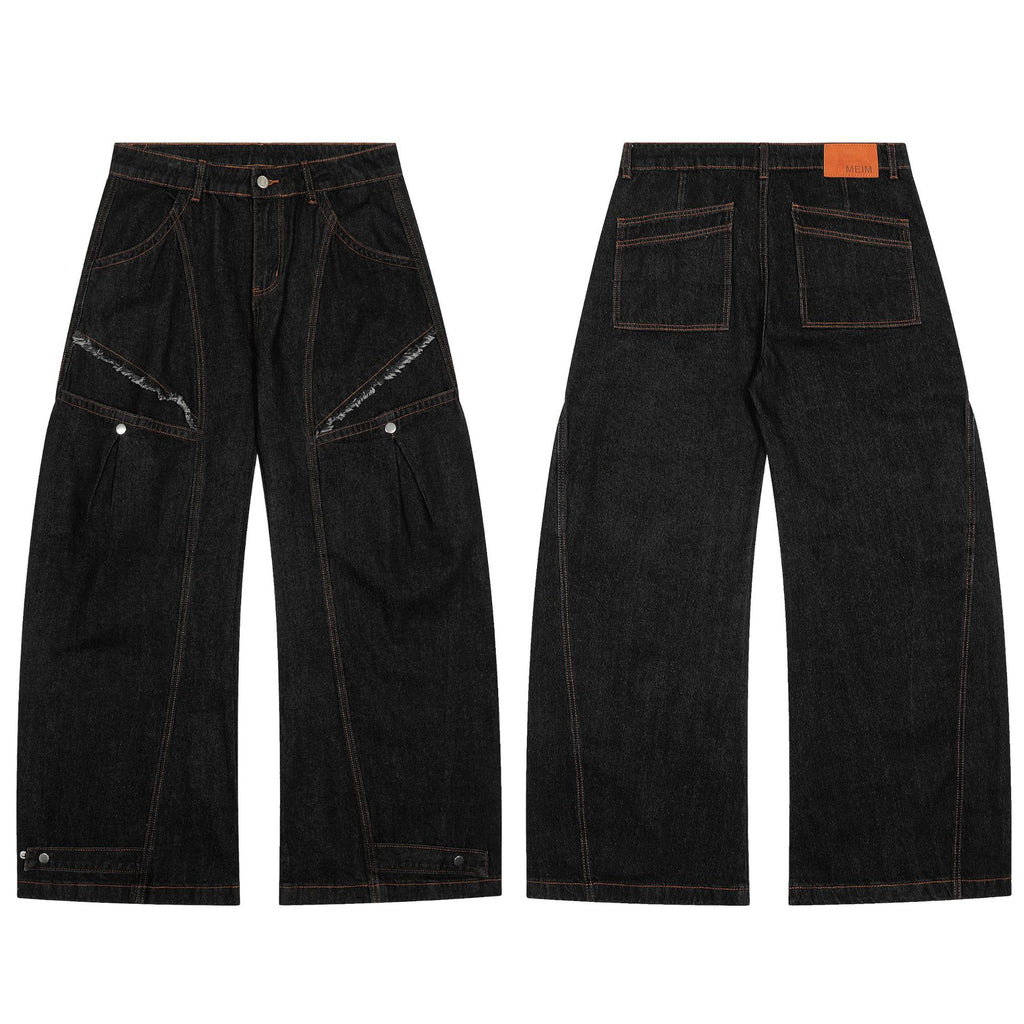 Black Denim Tapered Long Pants For Men With Unique Street Style