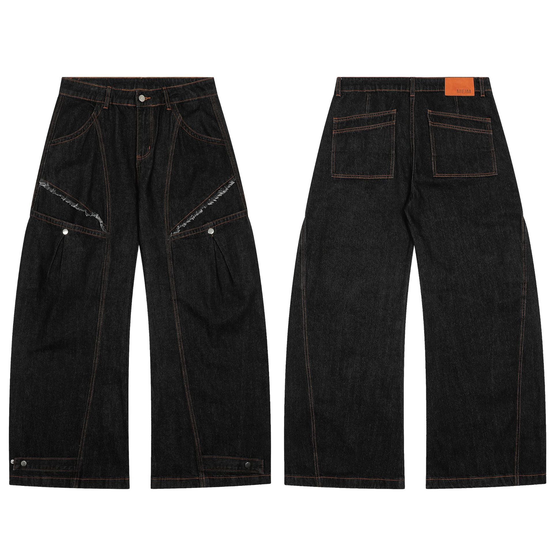 Black Denim Tapered Long Pants For Men With Unique Street Style