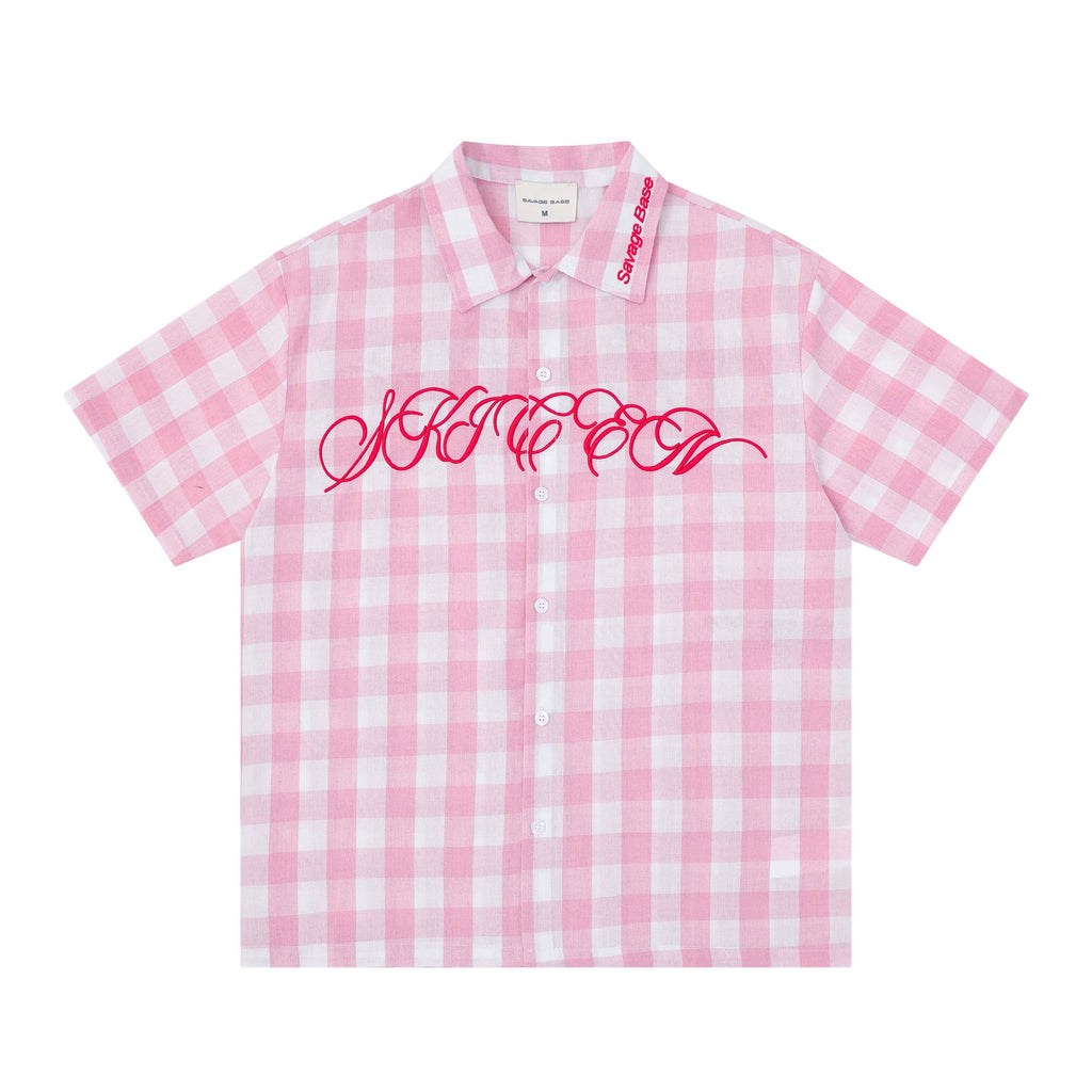 Mens Embroidered Plaid Short Sleeve Shirt With Flip Collar Pink And Black