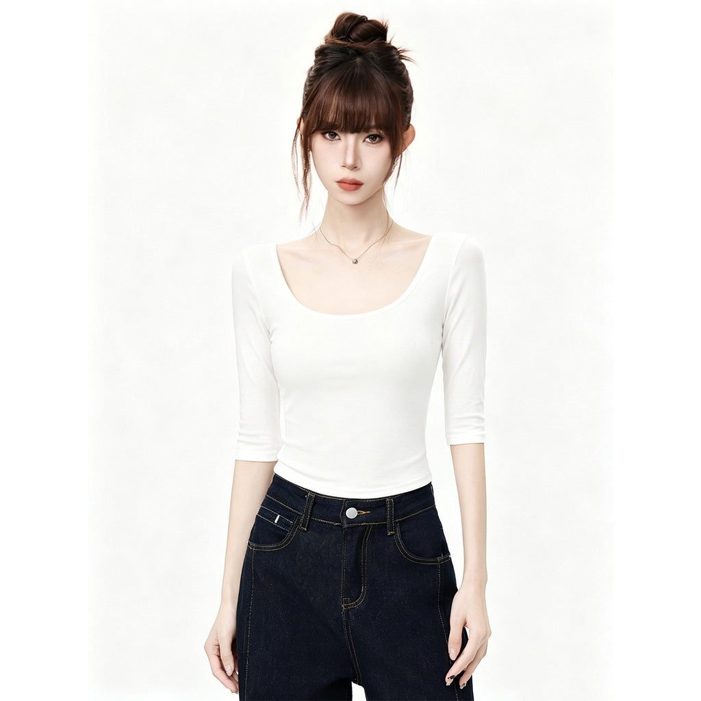 White Deep U Neck Slim Fit T Shirt For Women Mid Sleeve Top